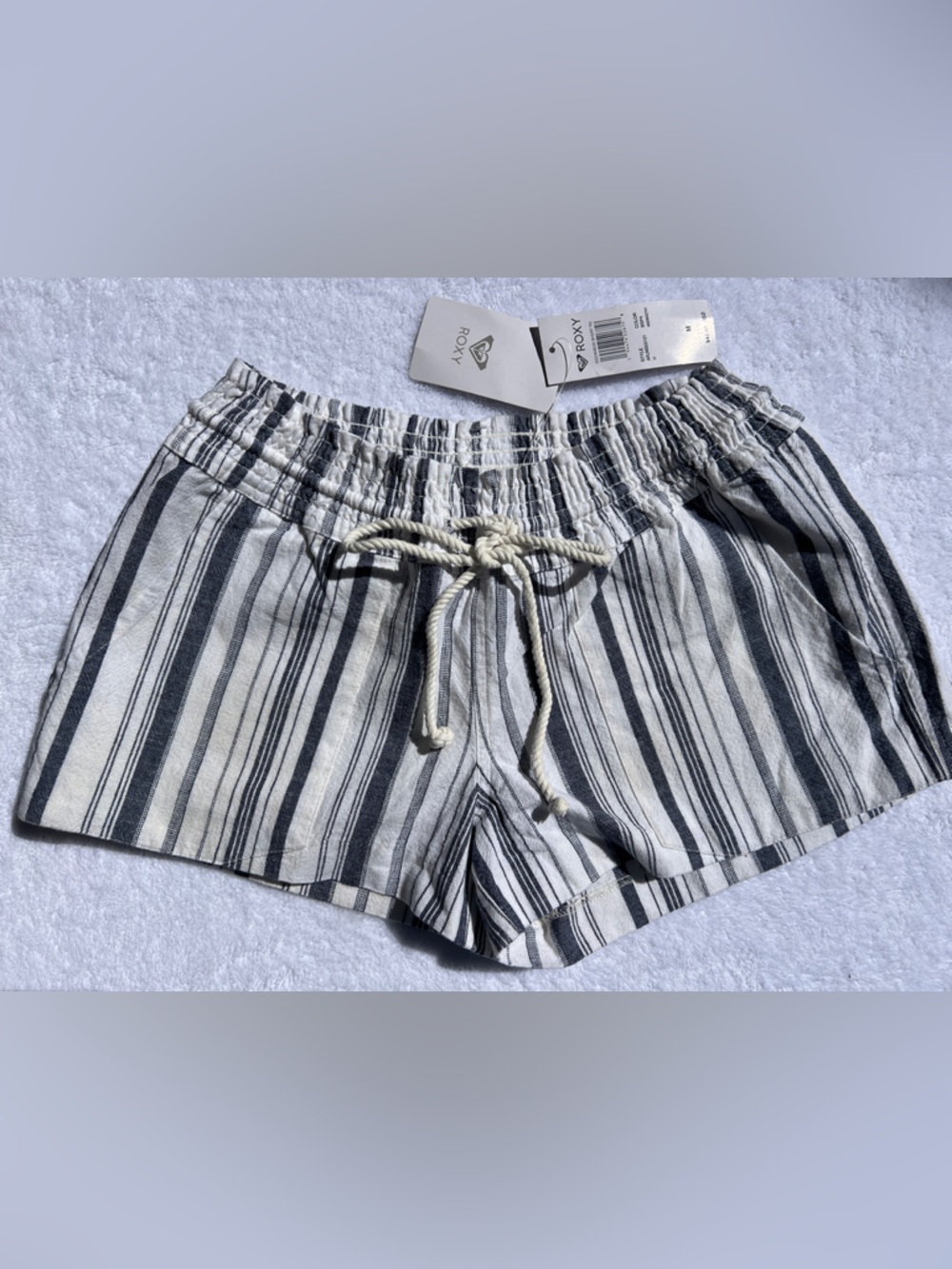 Roxy Women's Navy and White Striped Drawstring Oceanside Beach Shorts